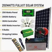 Solarmax 250 Watts Solar Panel Special All Weather Fullkit plus 200AH Battery plus 600Watts Solar Inverter plus 30 Ah Charge Controller plus 5 Bulbs plus Dropping Cable EXTENSIONS